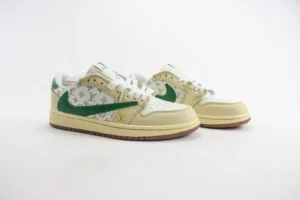 Louis Vuitton x Nike Air Jordan collaboration sneaker featuring a cream and green color scheme, detailed with luxury branding and stylish design elements, showcased for sale at 9.00.