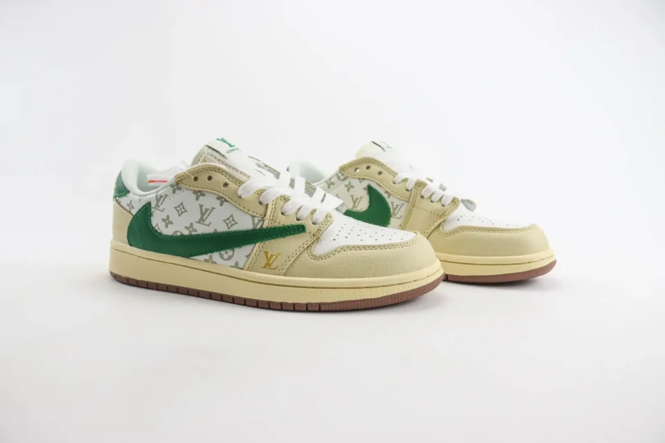 Nike Louis Vuitton Air Jordan 1 Low Style custom beige green white leather sneakers with monogram canvas