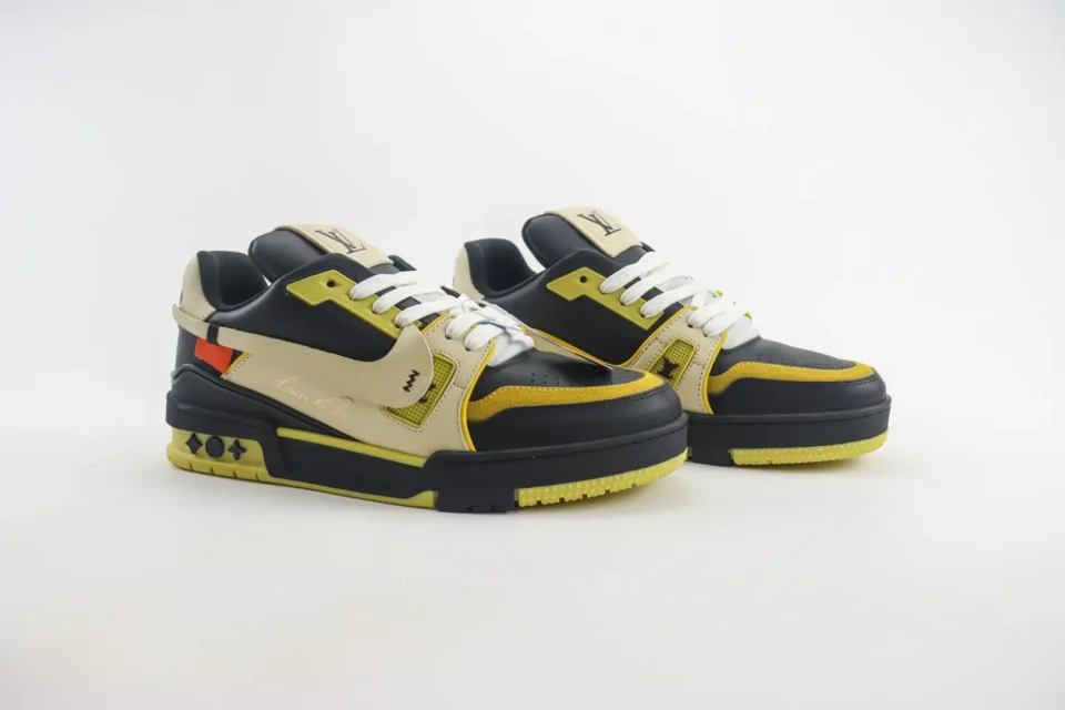 Louis Vuitton Trainer Sneaker 1A8G6P black yellow beige leather and mesh material with white laces