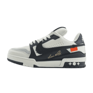Louis Vuitton Trainer black white gray leather sneakers with signature logo and orange accent