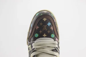 Louis Vuitton Trainer sneaker multicolor monogram canvas and brown leather upper with cream laces