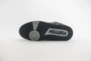 Louis Vuitton Trainer sneaker sole with prominent logo detail, showcasing luxury footwear design and craftsmanship.