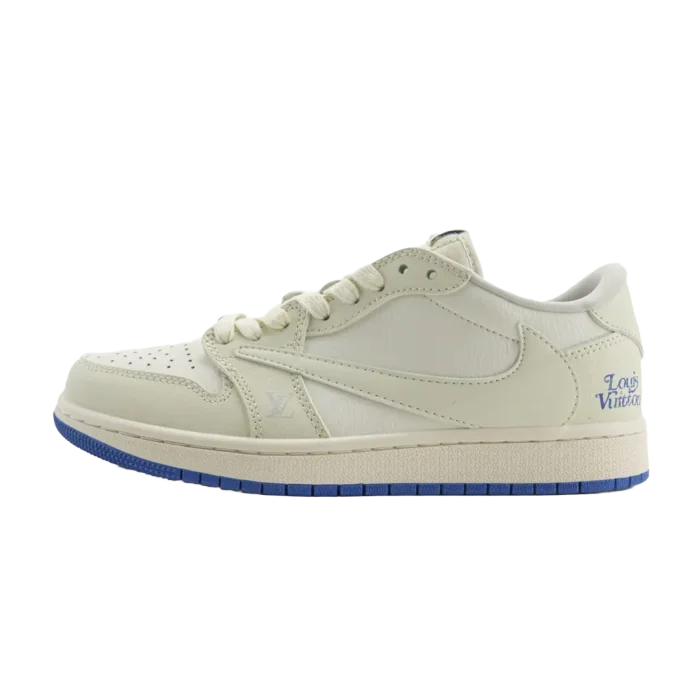 Nike Air Jordan 1 Low Louis Vuitton white leather sneakers with blue sole and Louis Vuitton branding