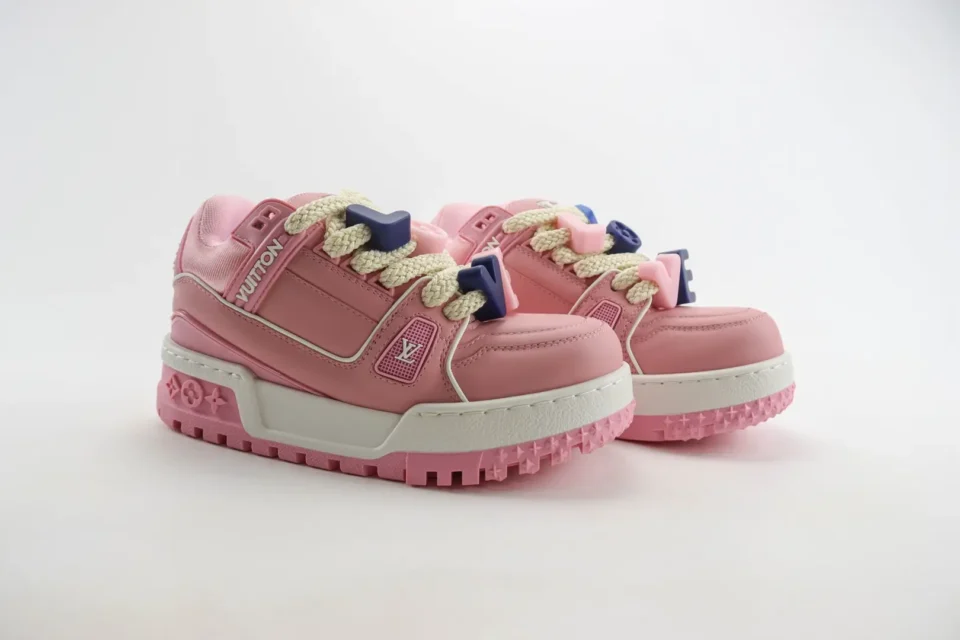 Louis Vuitton LV Trainer Sneaker pink colorway leather and fabric sneakers with blue lace locks