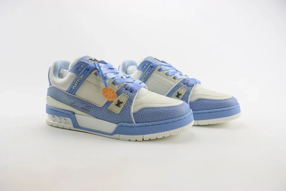 Louis Vuitton Trainer Sneaker white blue leather athletic shoes with LV logo accents