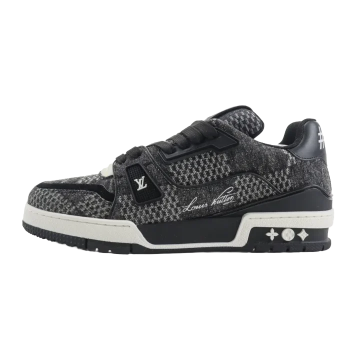 Tyler x Louis Vuitton Trainer sneaker in black and gray, featuring signature logo and detailed stitching, showcased on RepsGoat for purchase.