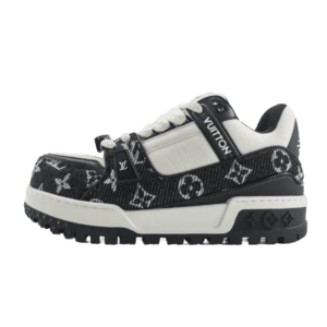 Louis Vuitton Trainer sneakers featuring a black and white design with iconic logo patterns, showcasing luxury replica footwear for high-end style.