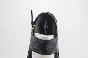 Louis Vuitton sandal black monogram canvas leather with gold buckle accessory