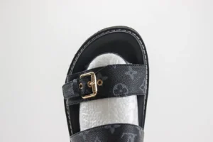 Louis Vuitton sandal black monogram canvas leather with gold buckle detail