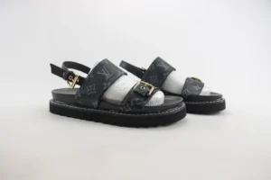 Louis Vuitton sandals black monogram canvas adjustable buckle slingback platform sandals