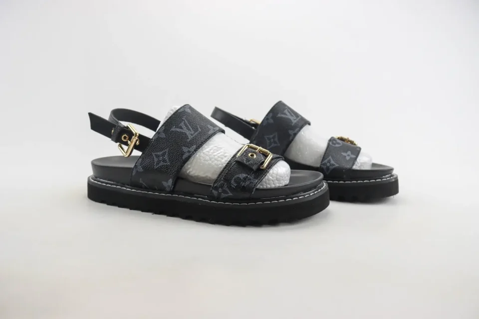 Louis Vuitton sandals black monogram canvas adjustable buckle slingback platform sandals