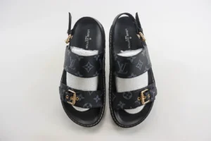 Louis Vuitton sandals black monogram canvas leather gold buckle straps luxury footwear