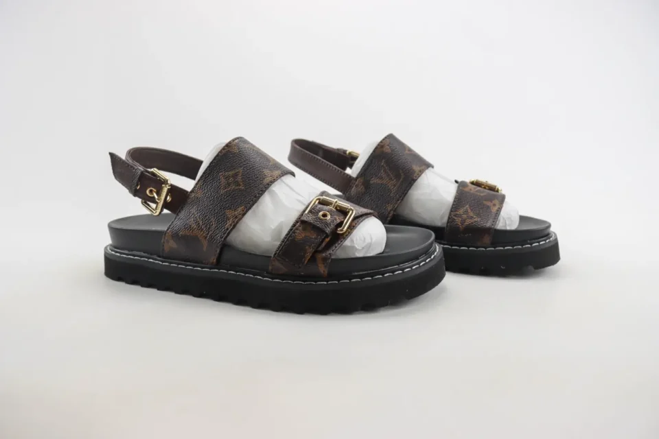 Louis Vuitton LV Trainer sandal brown monogram coated canvas with black rubber sole and gold hardware