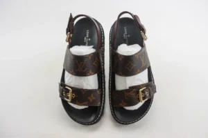 Louis Vuitton sandals brown monogram canvas leather straps gold buckle detailing