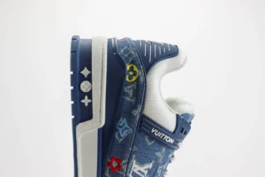 Louis Vuitton LV Trainer sneaker blue monogram denim multicolor embroidered floral leather detail