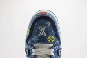 Louis Vuitton Trainer Sneaker blue multicolor monogram denim fabric sneakers with white laces