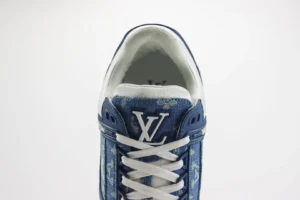 Louis Vuitton LV Trainer Sneakers blue monogram denim textile with white laces and rubber sole