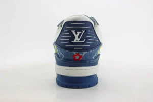 Louis Vuitton Trainer sneaker blue white denim leather floral embroidered sneakers heel view