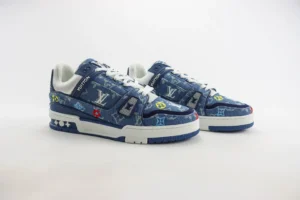 Louis Vuitton LV Trainer sneaker blue monogram denim multicolor embroidered leather accents sneakers