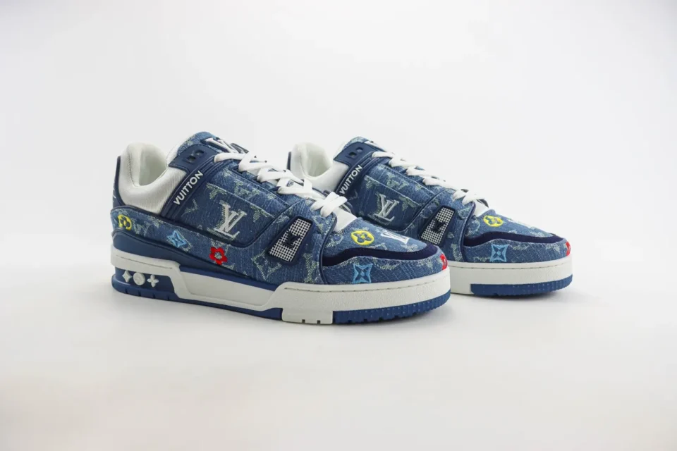 Louis Vuitton LV Trainer sneaker blue monogram denim multicolor embroidered leather accents sneakers