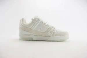 Louis Vuitton Trainer sneakers in white, showcasing luxury design and craftsmanship, featured in a product listing.