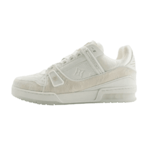 Louis Vuitton Trainer sneakers in white, featuring luxurious materials and detailed craftsmanship, showcased in a side view, emphasizing their stylish design and branding.