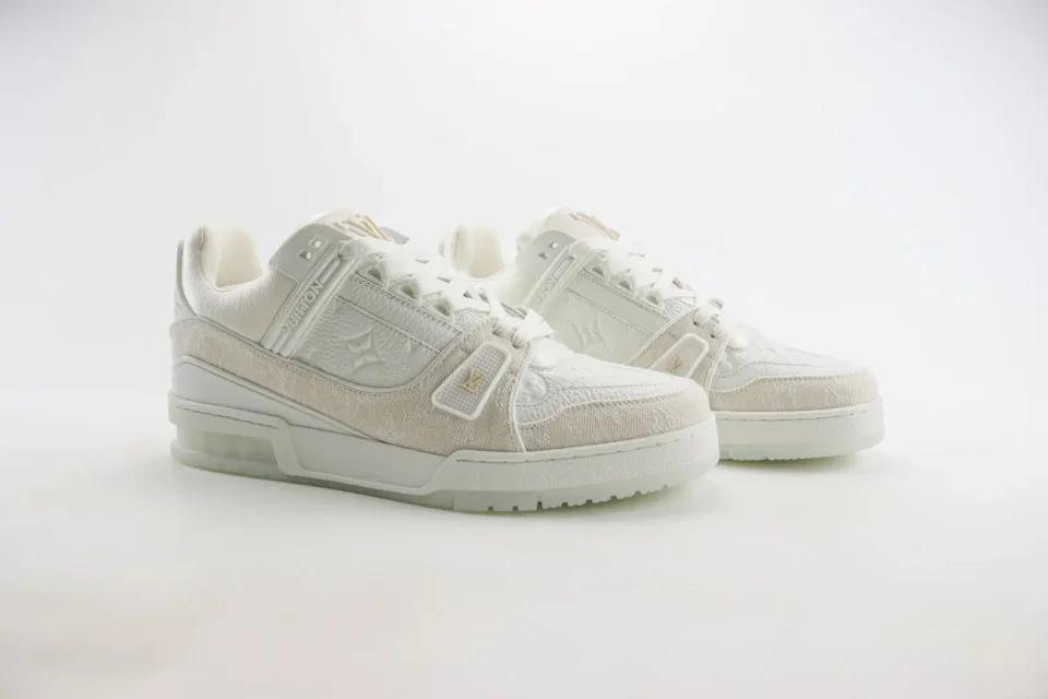 Louis Vuitton LV Trainer sneakers white beige embossed leather textile material shoes