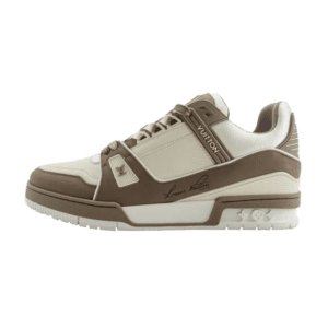 Tyler x Louis Vuitton Trainer sneaker in cream and brown, featuring signature branding and luxury design details, showcased as a high-quality replica option.