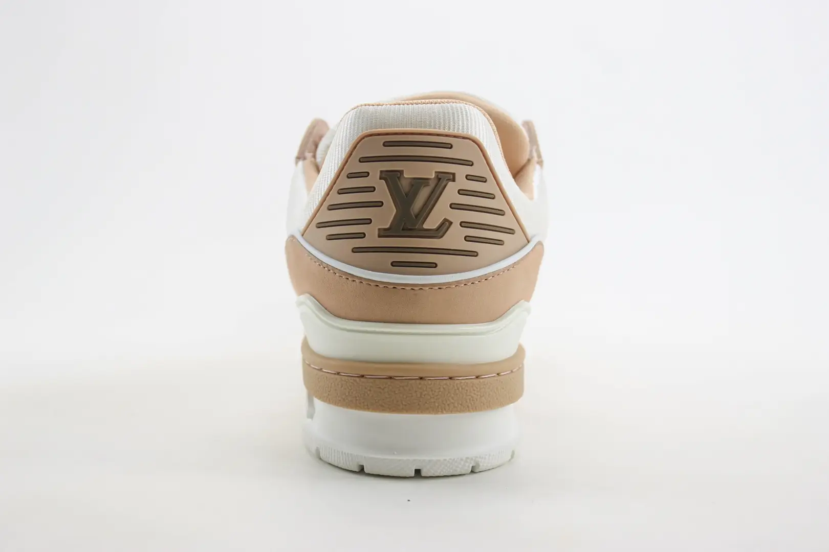 Louis Vuitton LV Trainer sneaker beige white leather and mesh luxury sports shoe back view