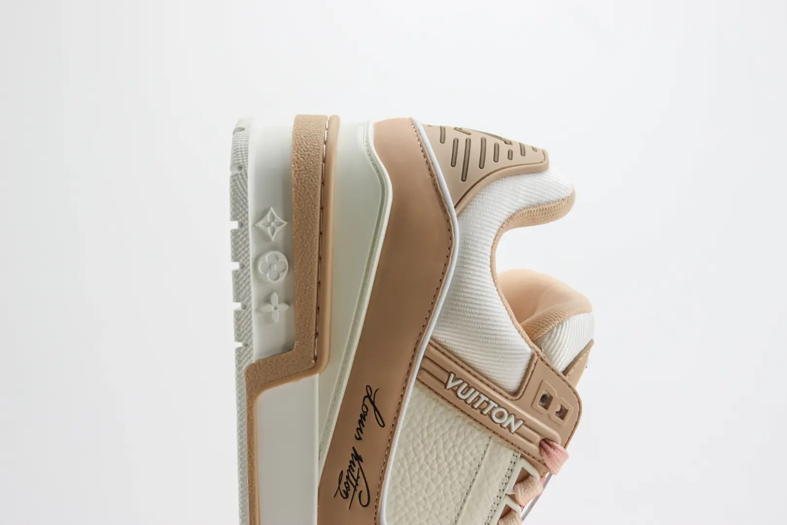 Louis Vuitton LV Trainer 1.0 beige white leather canvas sneakers with signature sole embossing