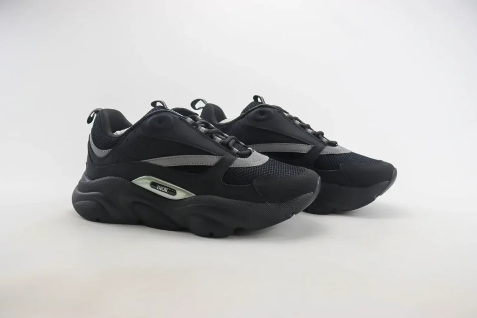 Dior B22 sneakers black gray colorway mesh and leather upper with rubber sole and branded side detail