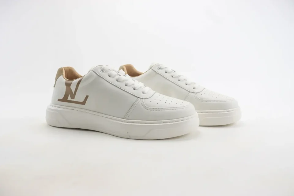 Louis Vuitton LV Trainer white beige leather sneakers with oversized LV logo on heel