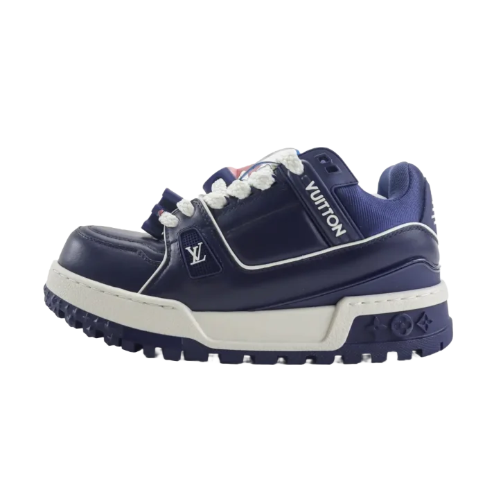 Louis Vuitton LV Trainer sneaker navy blue white leather and fabric shoes with logo detailing