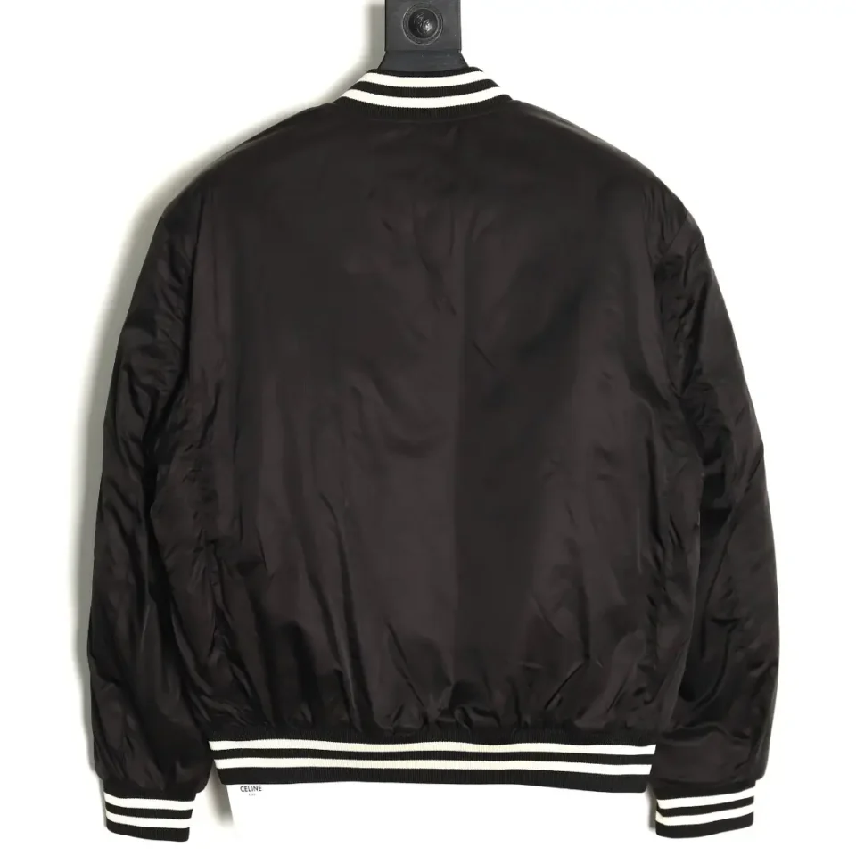 Celine bomber jacket black nylon with striped ribbed cuffs and waistband