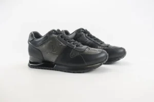 Louis Vuitton Run Away black monogram leather sneakers with rubber sole and lace-up closure