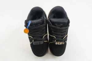 Louis Vuitton Trainer sneakers in black, featuring signature logo and premium craftsmanship, showcasing luxury replica footwear for sale at $179.
