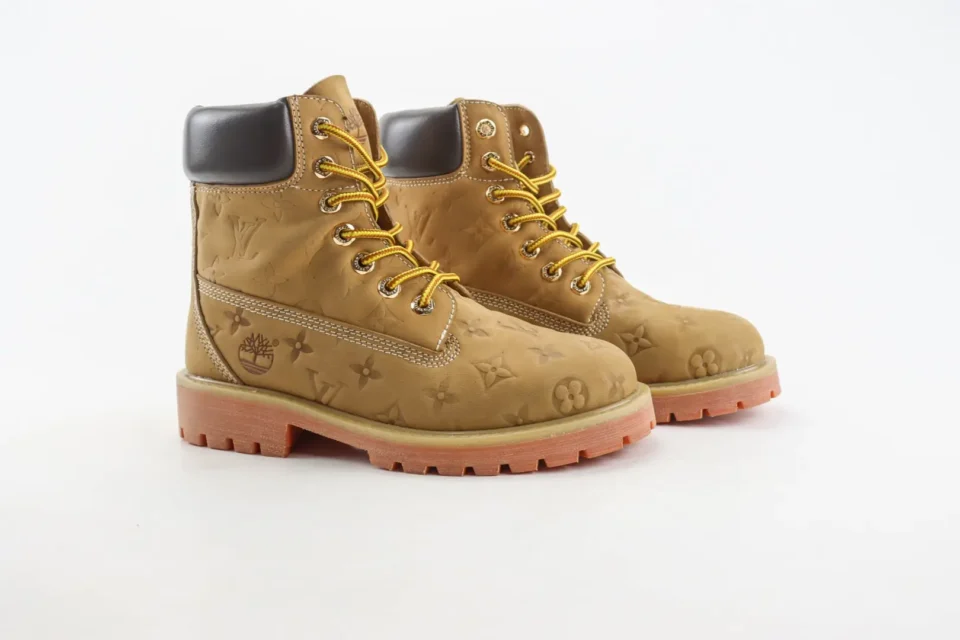 Louis Vuitton Timberland boots tan leather embossed monogram yellow laces rubber sole sneakers