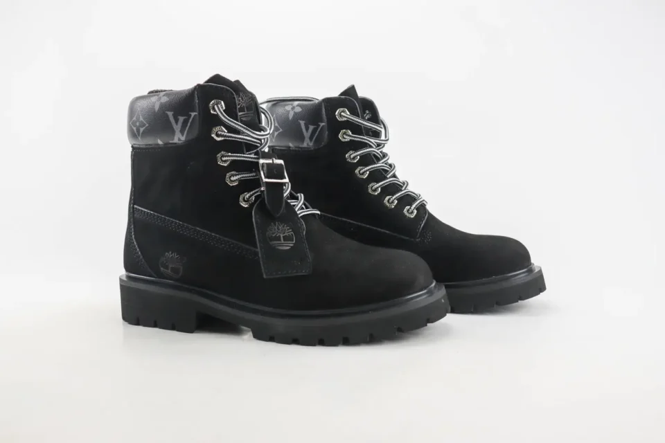Timberland boots black suede ankle height leather with Louis Vuitton monogram collar and tag detail