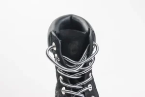 Timberland 6 Inch Premium Boot black leather with white detailed laces and padded collar