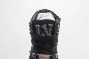 Louis Vuitton LV Trainer sneaker black leather with silver LV logo metal accents and black laces