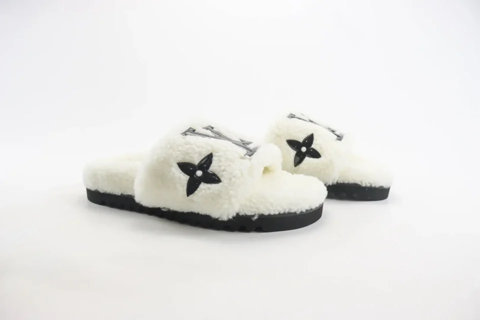 Louis Vuitton Shearling Slides white black leather fleece slippers with monogram flower detail
