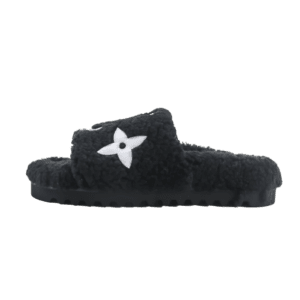 Louis Vuitton slippers in black lamb wool with white logo, designed for indoor and outdoor wear, showcasing comfort and luxury style.