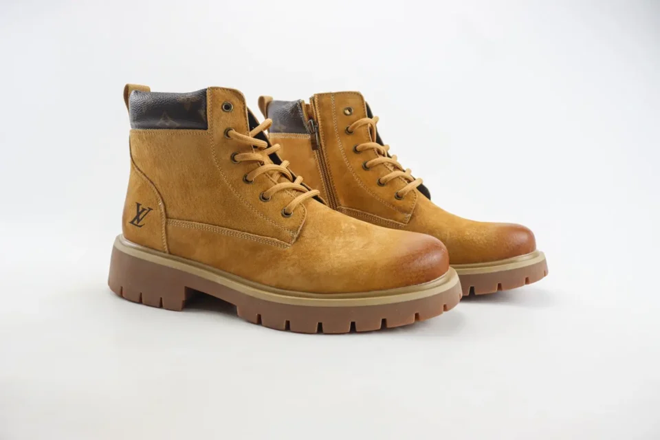 Louis Vuitton rugged ankle boots tan suede brown monogram leather collar with zipper closure