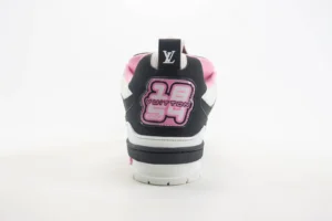 Louis Vuitton LV Trainer sneaker white black pink leather athletic shoe rear view
