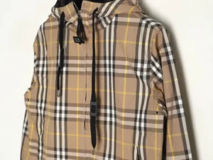 Burberry hooded jacket beige yellow black plaid cotton material with black drawstrings