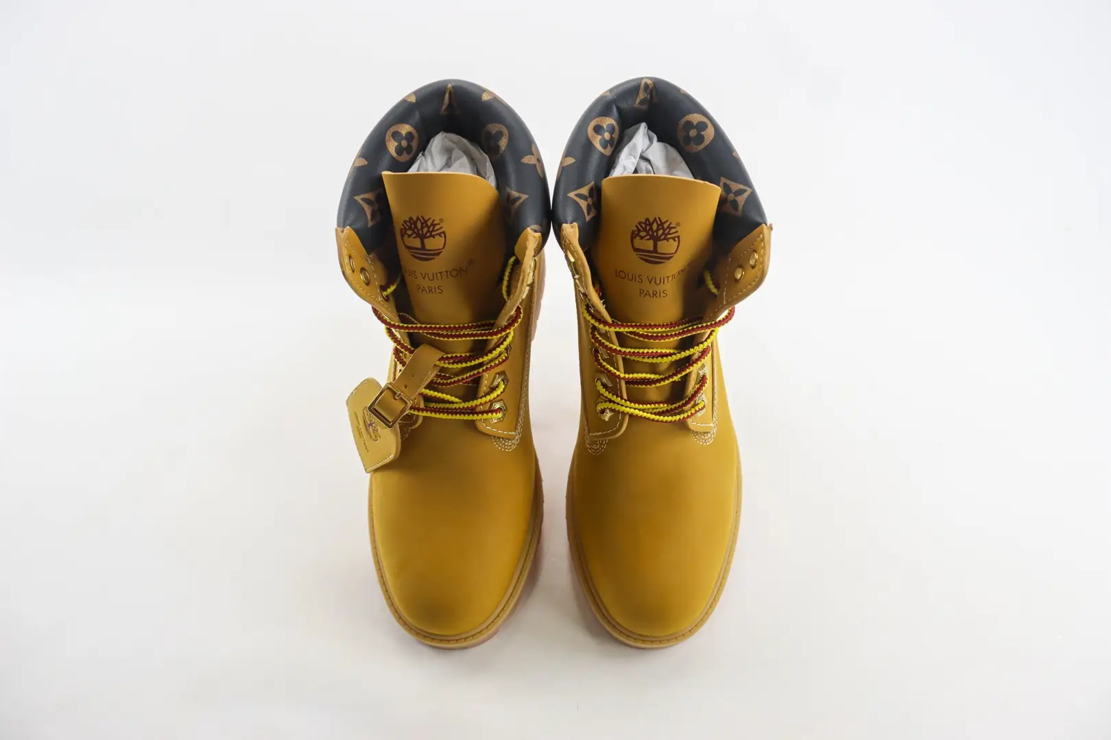 Louis Vuitton Timberland boots yellow nubuck leather Monogram canvas collar sneakers
