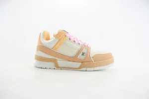 Louis Vuitton Trainer low-cut casual sneakers in beige and white with pink laces, showcasing luxury design and craftsmanship.