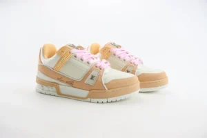 Louis Vuitton Trainer low-cut casual sneakers in beige and white with pink laces, showcasing luxury design and craftsmanship, replica version available for purchase.