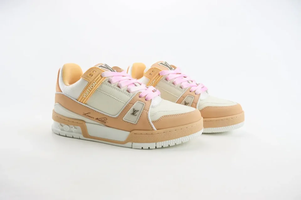 Louis Vuitton LV Trainer sneakers beige white pink laces leather and mesh material