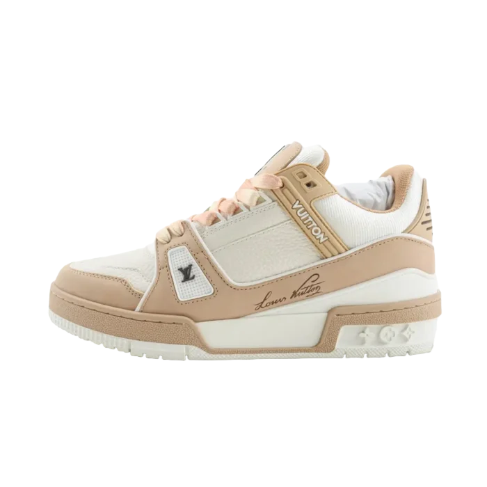 Louis Vuitton LV Trainer sneaker beige white leather canvas shoe with signature logo and lace-up design